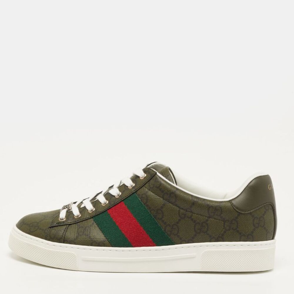 Gucci Ace Gg Supreme Size 40 Dark Green Coated Canvas And Leather Web Low Top - Picture 1 of 7